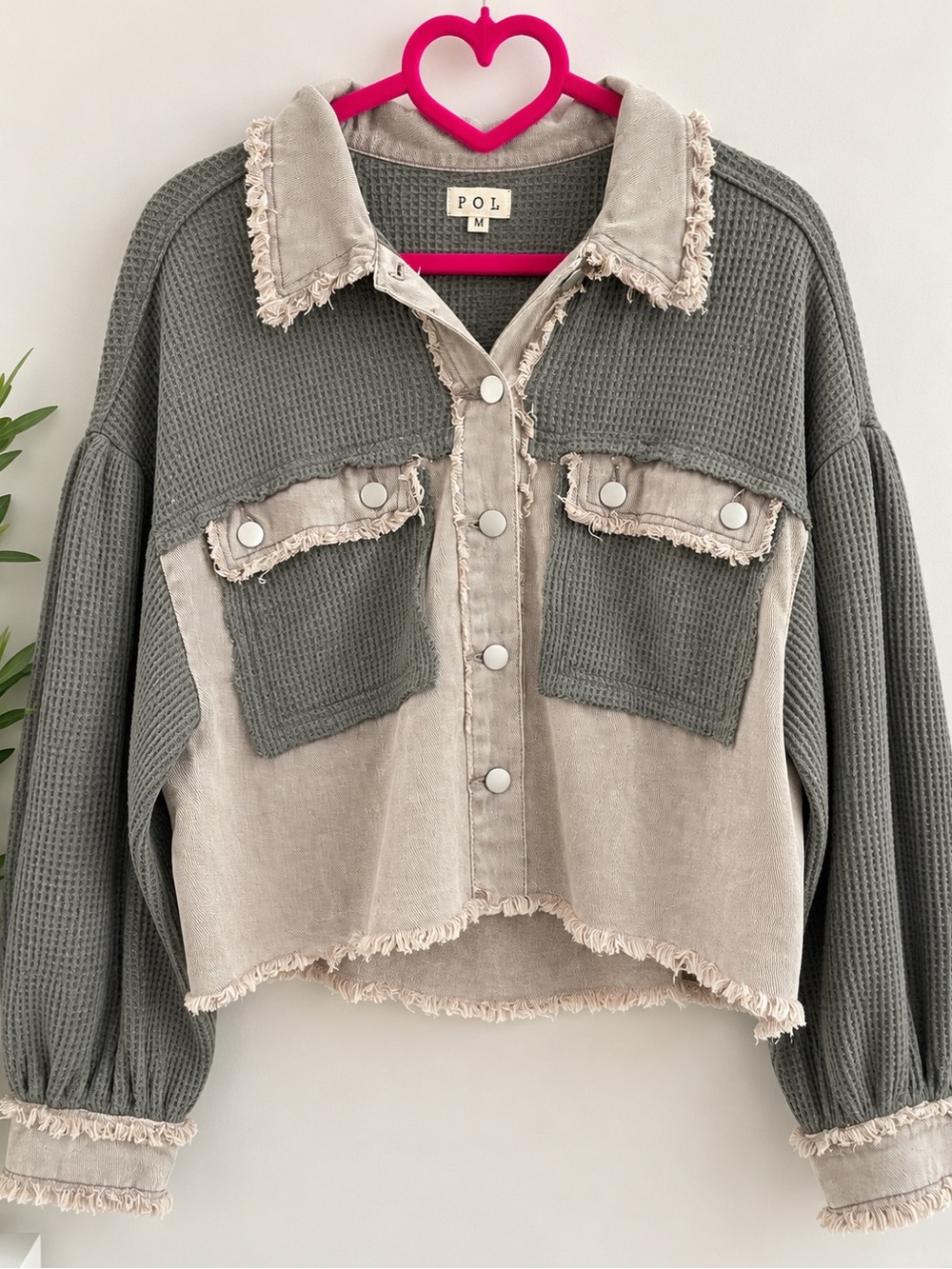 POL Mixed Media Waffle Knit Distressed Shacket Jacket Size M